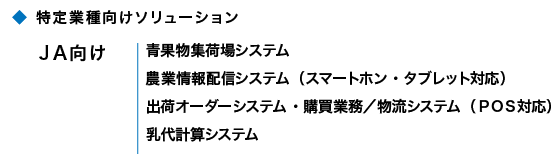 特定業種向けソリューション JA向け 青果物集荷場システム 農業情報配信システム（スマートホン・タブレット対応） 出荷オーダーシステム・購買業務/物流システム（POS対応） 乳代計算システム