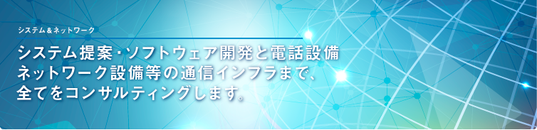 システム提案・ソフトウェア開発と電話設備 ネットワーク設備等の通信インフラまで、 全てをコンサルティングします。